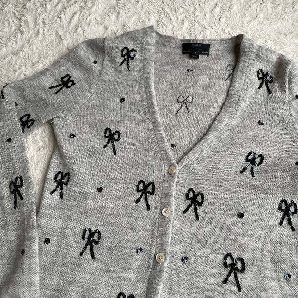J. Crew sequin bow cardigan sweater Italian-spun alpaca merino wool blend grey S - Picture 6 of 13